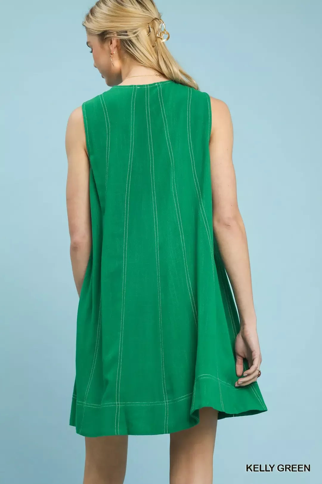 Linen Sleeveless Swing Dress in Kelly Green for Women