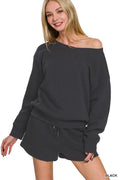 Fleece Boat Neck Sweatshirt and Shorts Set in Black for Women