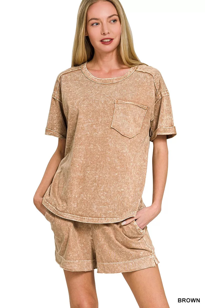 Halo Snow Washed Exposed Seam Top & Shorts Set in Brown for Women