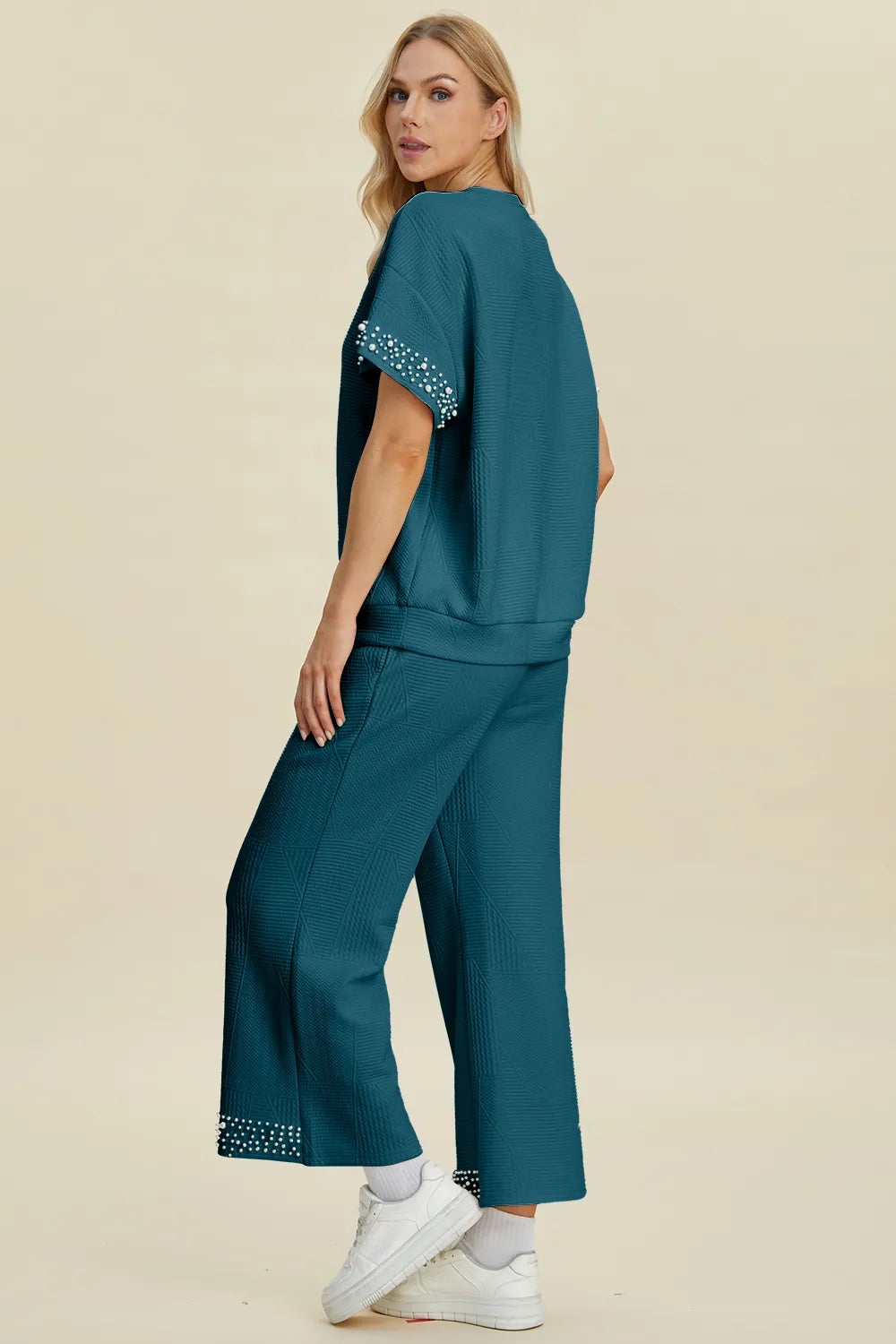 Plus Size Pearl Detail Round Neck Top and Pants Set in Deep Teal for Women