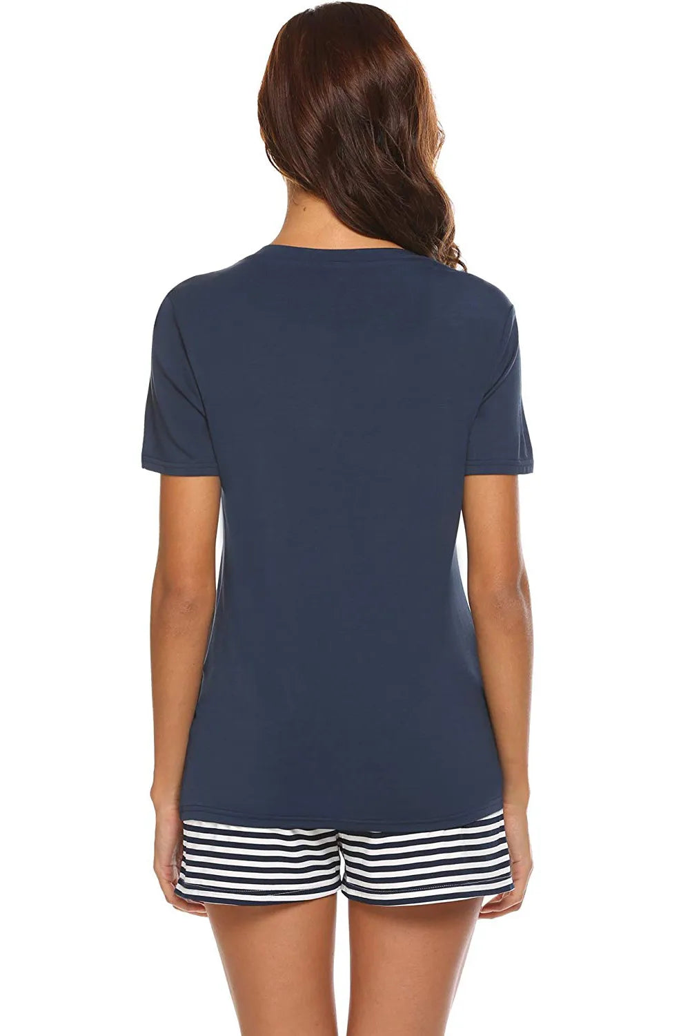 Striped Short Sleeve Top and Shorts Lounge Set in Dark Blue for Women