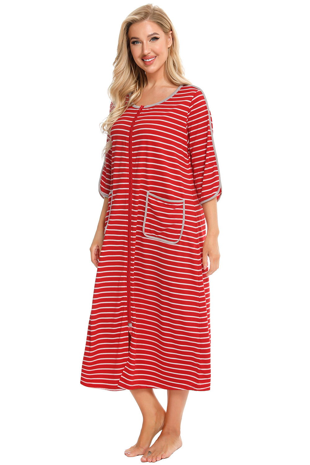 Round Neck Three-Quarter Sleeve Midi Night Dress in Navy for Women