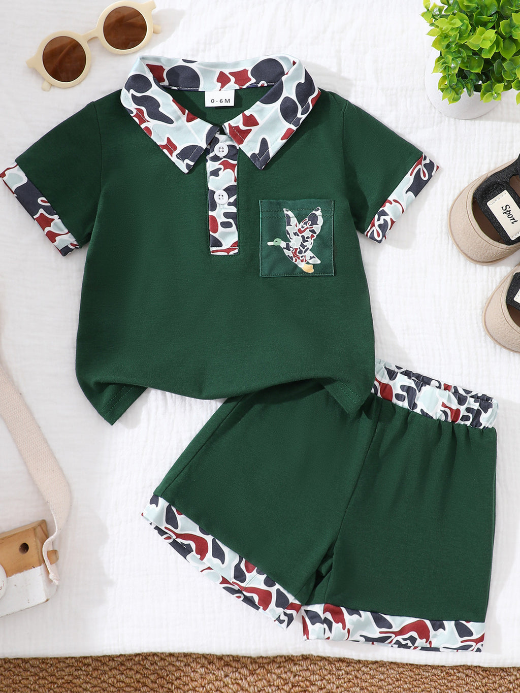 Button Detail Polo Shirt & Shorts Set in Dark Green for Boys