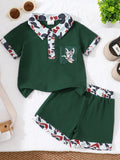 Button Detail Polo Shirt & Shorts Set in Dark Green for Boys