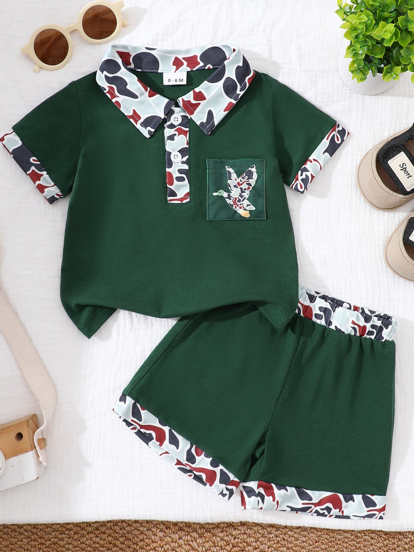 Button Detail Polo Shirt & Shorts Set in Dark Green for Boys