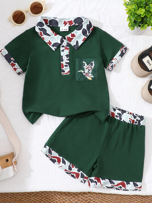Button Detail Polo Shirt & Shorts Set in Dark Green for Boys