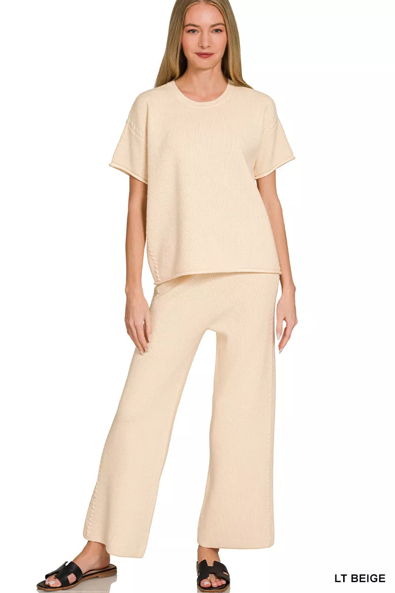 Viscose Round Neck Top & Pants Set in Light Beige for Women