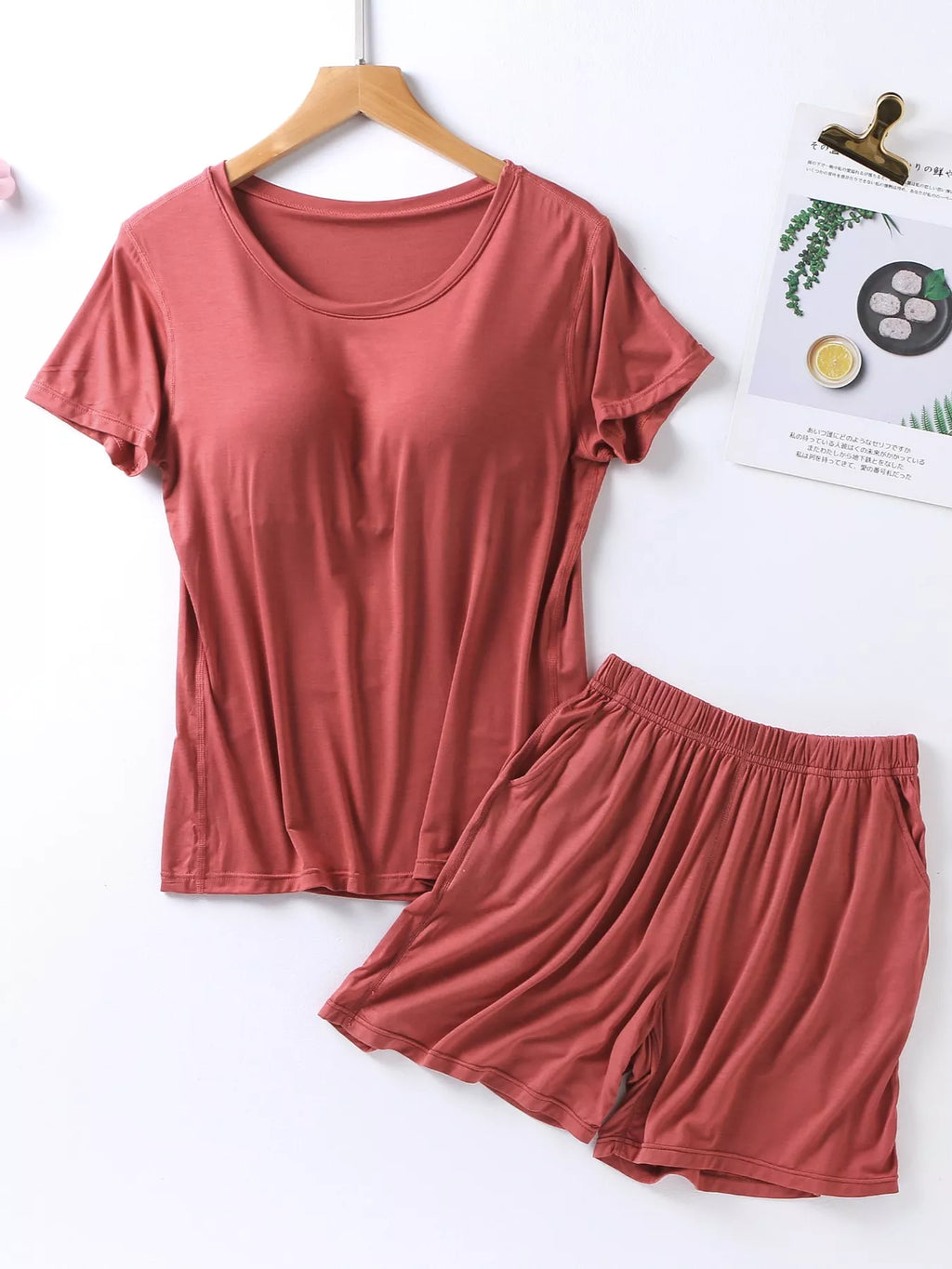 Plus Size Padded Round Neck Modal T-Shirt and Shorts Set in Advanced Gray for Women