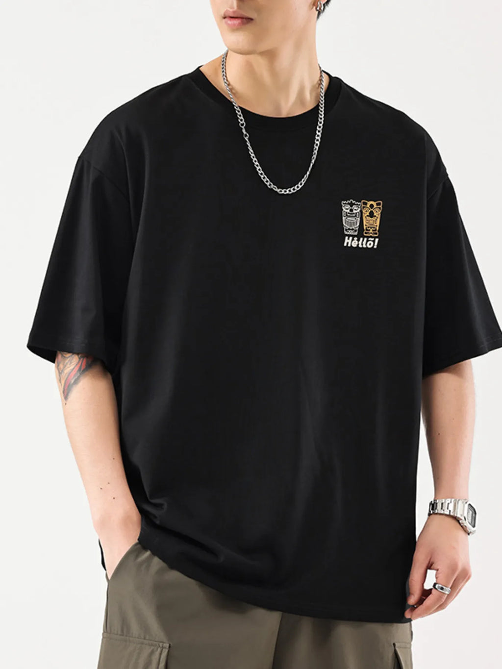 Plus Size Graphic Round Neck Half Sleeve T-Shirt in Dark Gray in White for Men