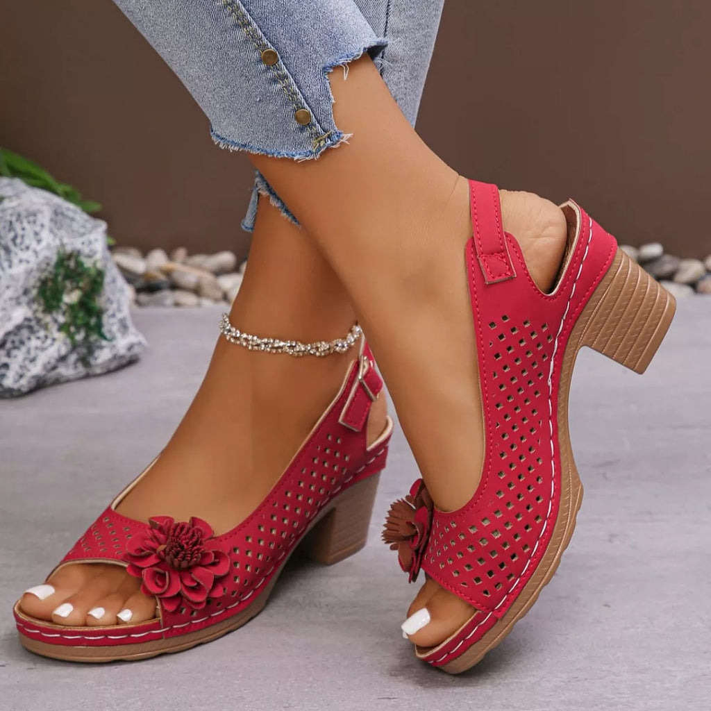 Floral Accent Block Heel Sandals in Red for Women