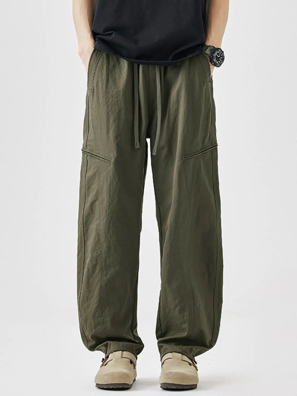 Plus Size Loose Fit Drawstring Casual Pants in Black for Men