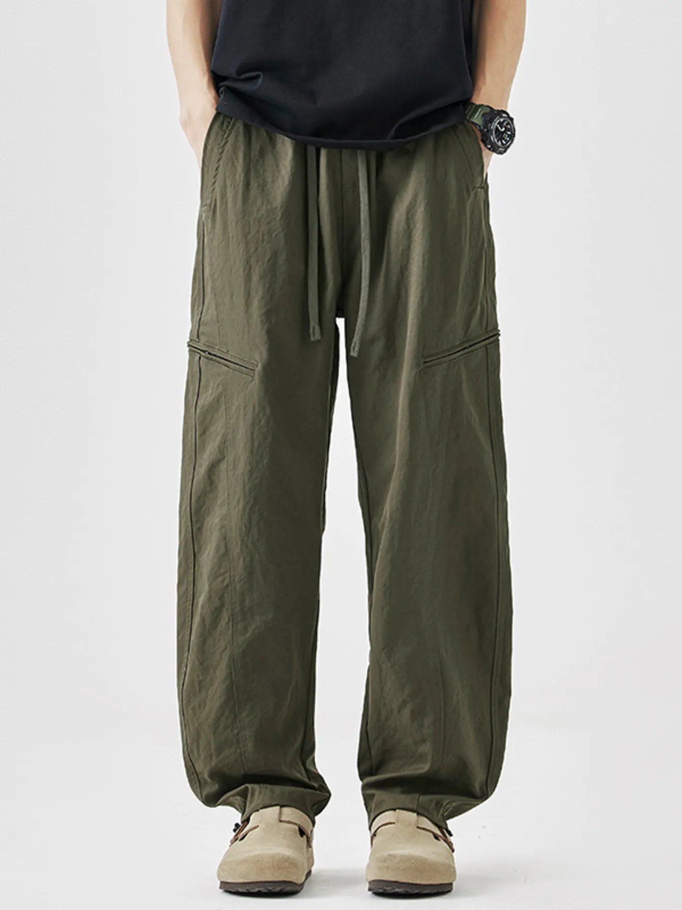 Plus Size Loose Fit Drawstring Casual Pants in Black for Men