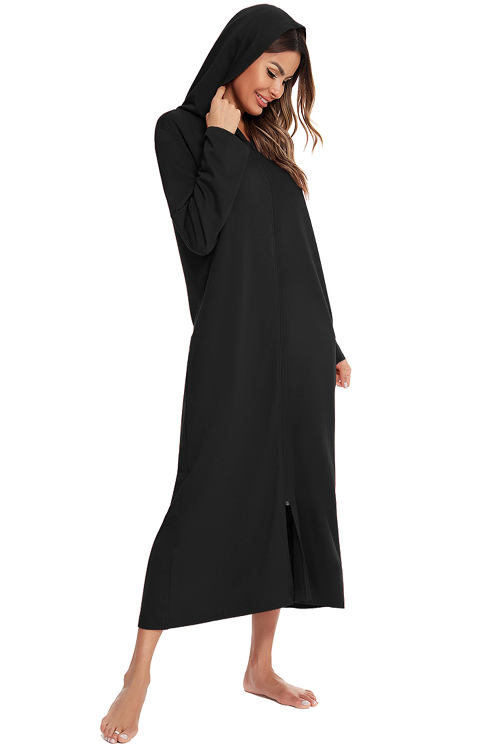 Zip Front Hooded Night Dress with Pockets in Light Gray for Women