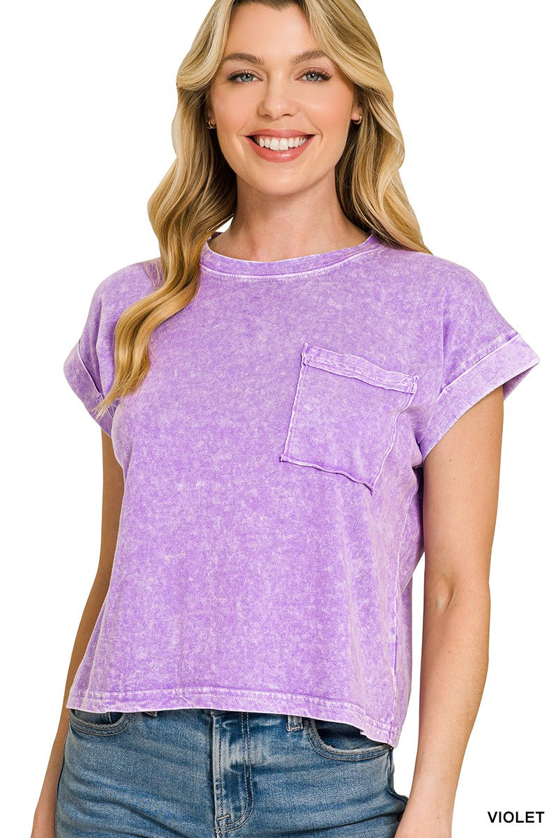 Halo Snow Washed Cotton Cuffed Short Sleeve Top in Violet for Women