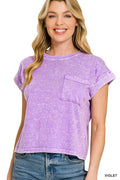 Halo Snow Washed Cotton Cuffed Short Sleeve Top in Violet for Women