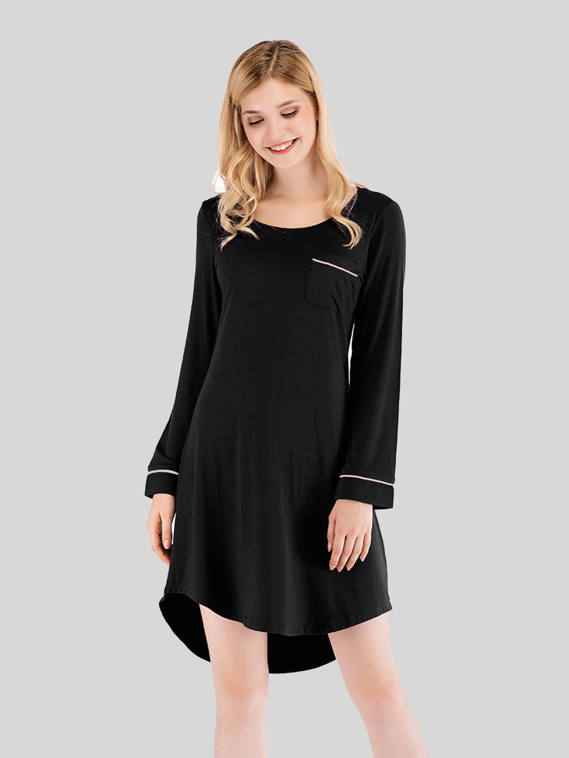 Round Neck Night Dress with Pocket in Wine for Women