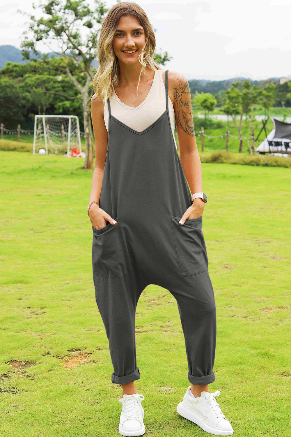 Plus Size Sleeveless V-Neck Pocketed Jumpsuit in Dark Gray for Women
