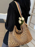 Woven Straw Shoulder Bag in Khaki for Women