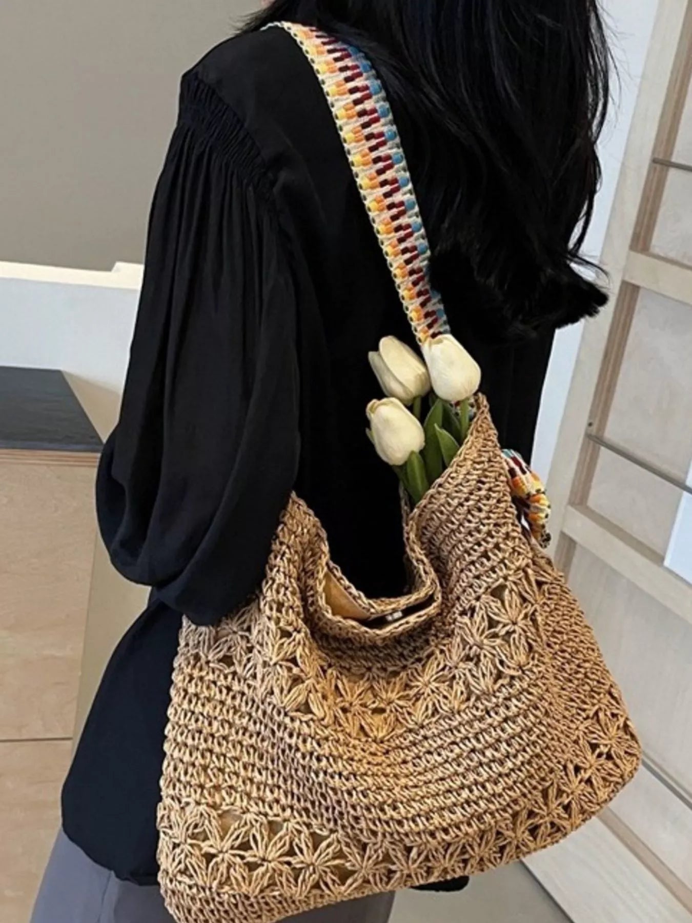 Woven Straw Shoulder Bag in Khaki for Women