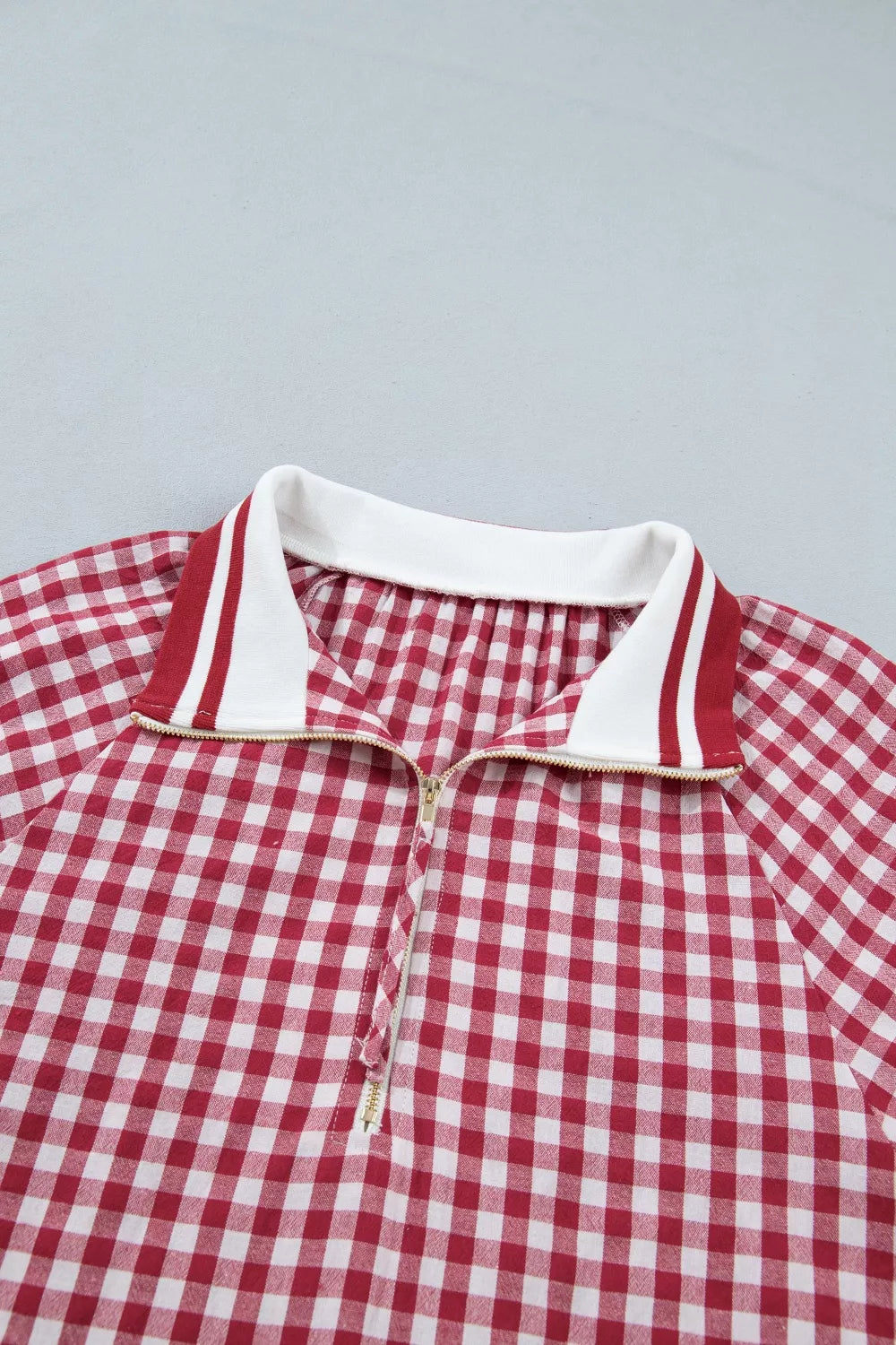 Gingham Puff Sleeve Quarter Zip Blouse for Women