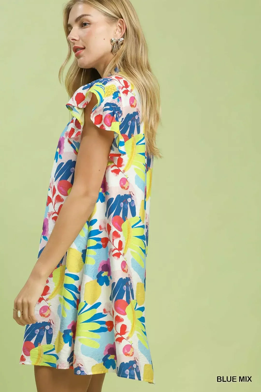 Ruffled Botanical Print Mini Dress in Blue Mix for Women