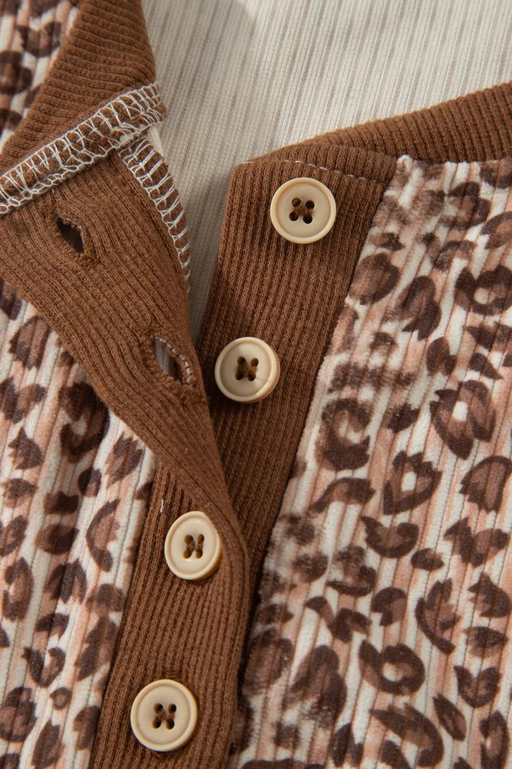 Leopard Print Ribbed Patchwork Half Button Loose Tee Elastic Waist Shorts Two-Piece Set for Women