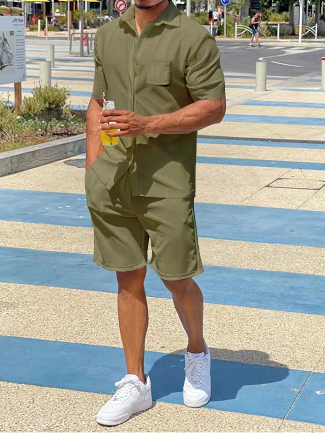Plus Size Button Up Shirt and Shorts Set in Military Green for Men