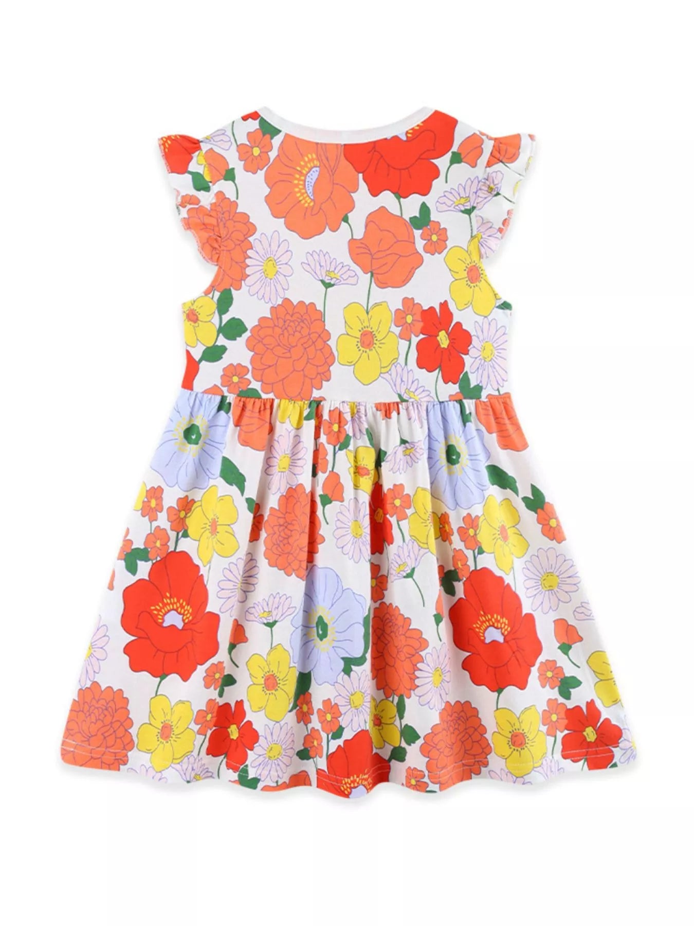Floral Print Ruffle Sleeve Casual Dress in Multicolor for Girls