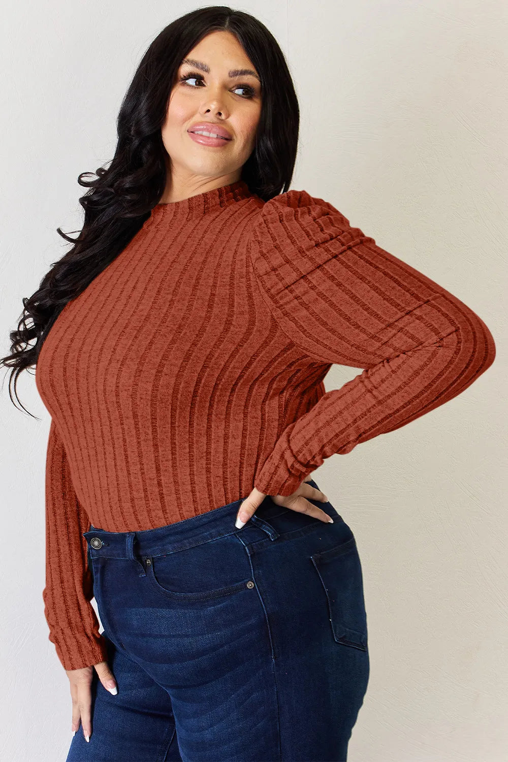 Plus Size Ribbed Mock Neck Puff Sleeve T-Shirt in Rust for Women