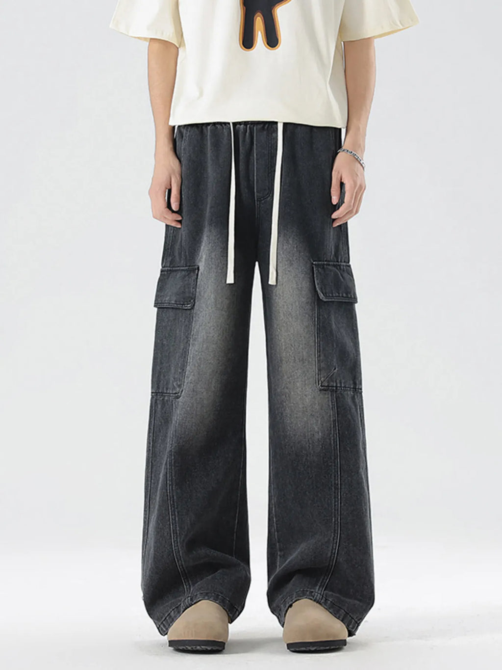 Plus Size Wash Wide Leg Cargo Jeans in Vintage Blue for Men