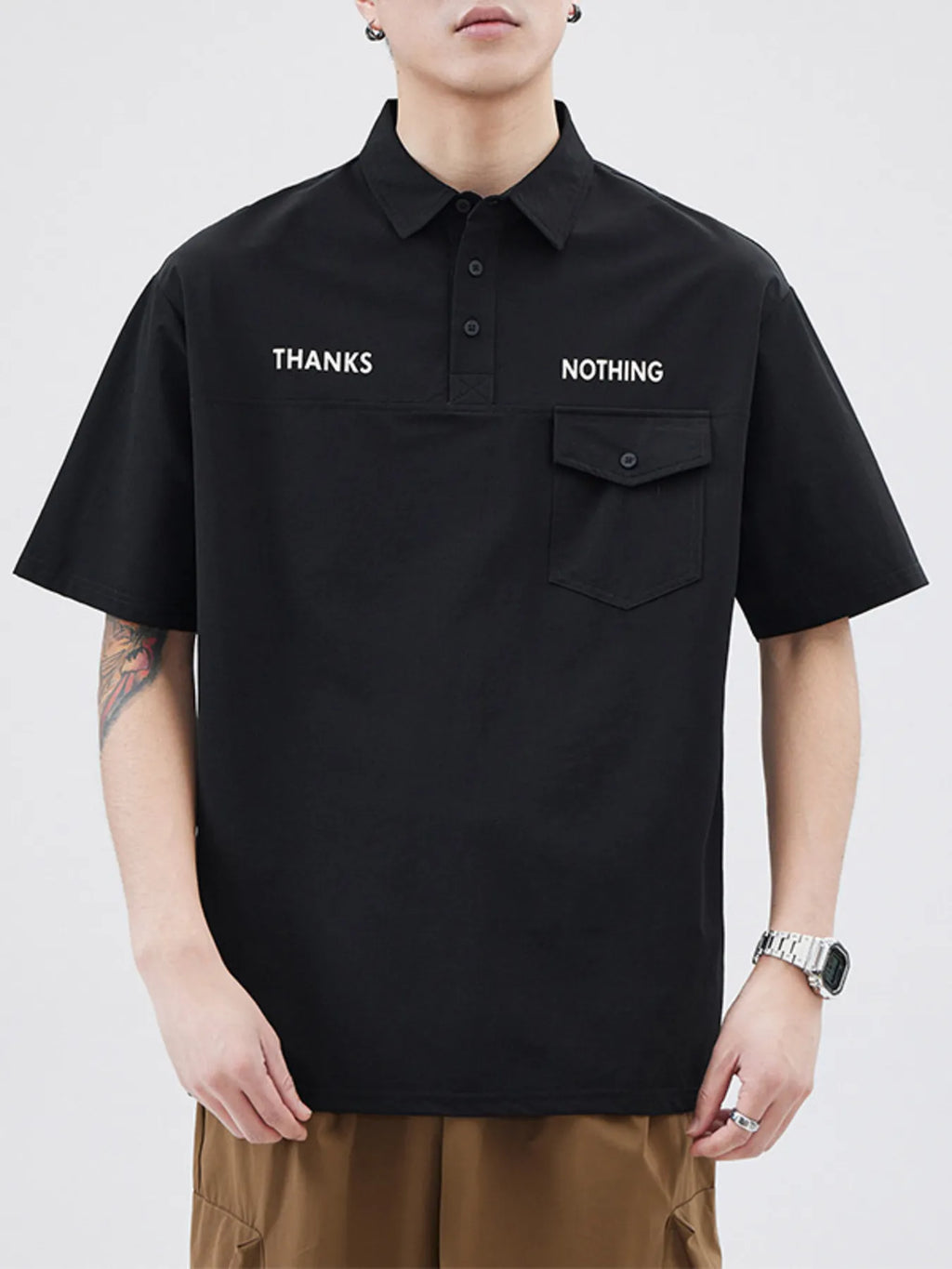 Plus Size Button Detail Short Sleeve Polo in Black for Men