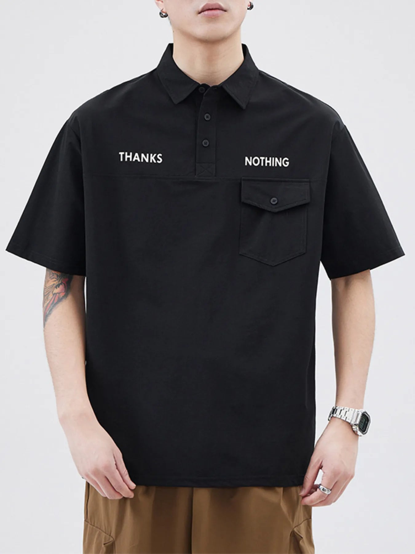 Plus Size Button Detail Short Sleeve Polo in Black for Men