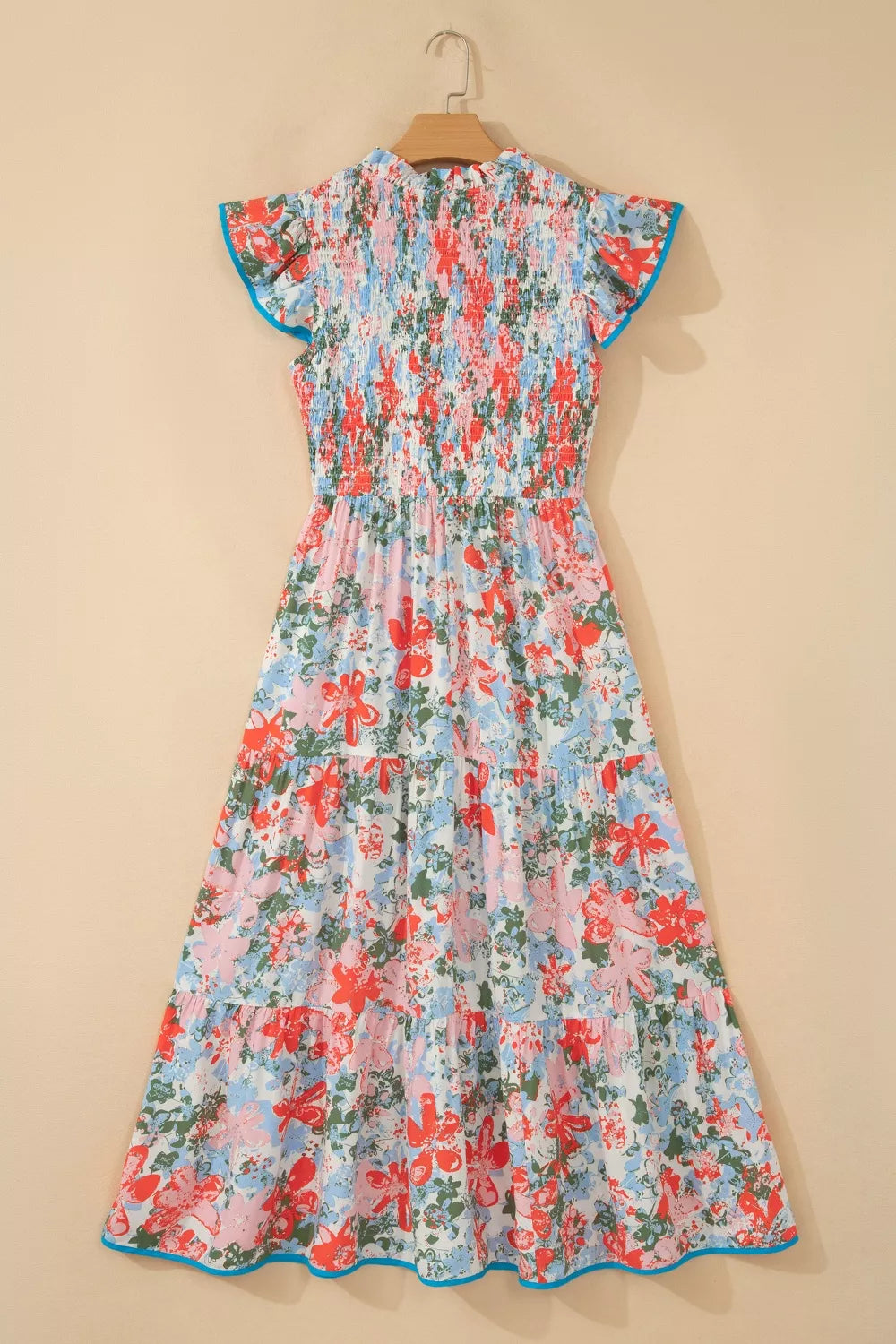 Floral Print V-Neck Contrast Trim Flutter Sleeve Long Dress for Women