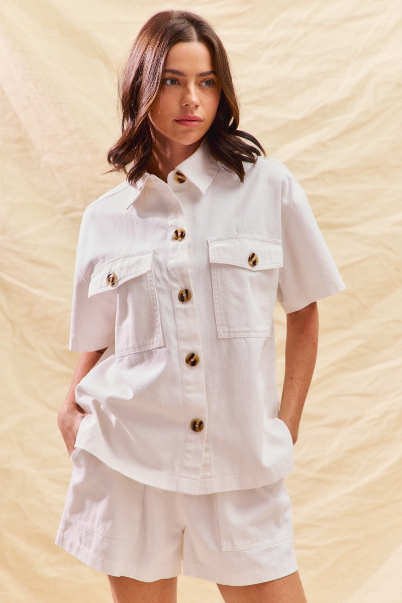 Button Down Denim Game Day Top and Shorts Set in Off White for Women
