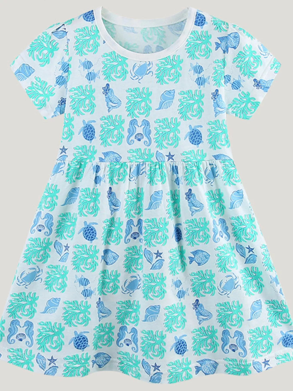 Ocean Print Casual Summer Dress in Aqua for Girls