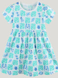 Ocean Print Casual Summer Dress in Aqua for Girls
