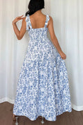Floral Print Knot Straps High Waist Flared Maxi Dress in Light Blue for Women
