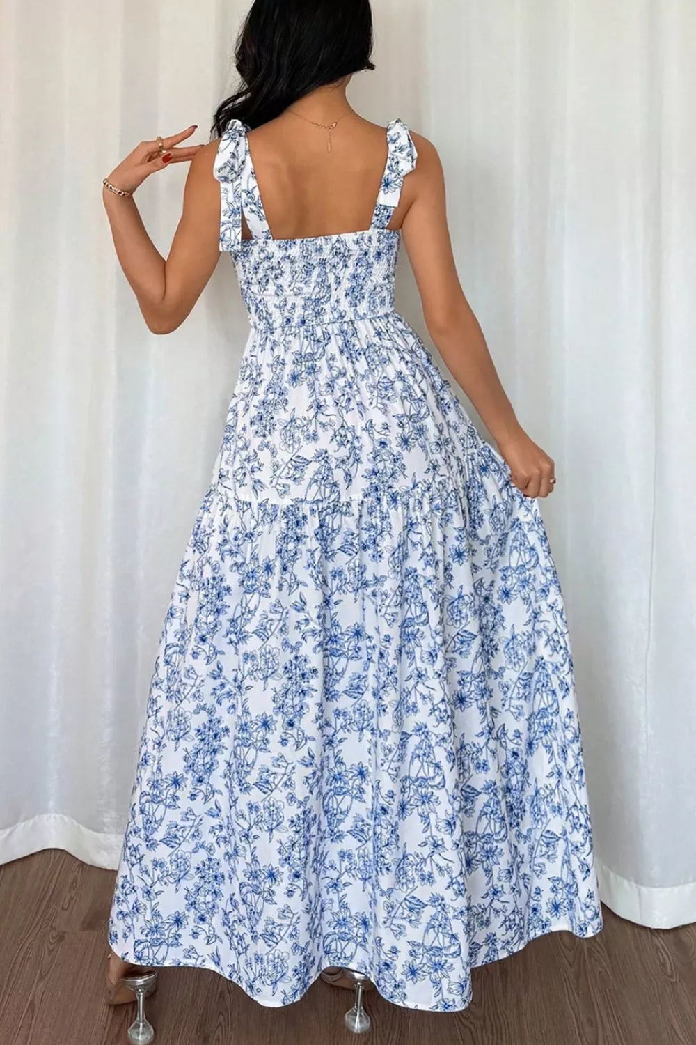Floral Print Knot Straps High Waist Flared Maxi Dress in Light Blue for Women
