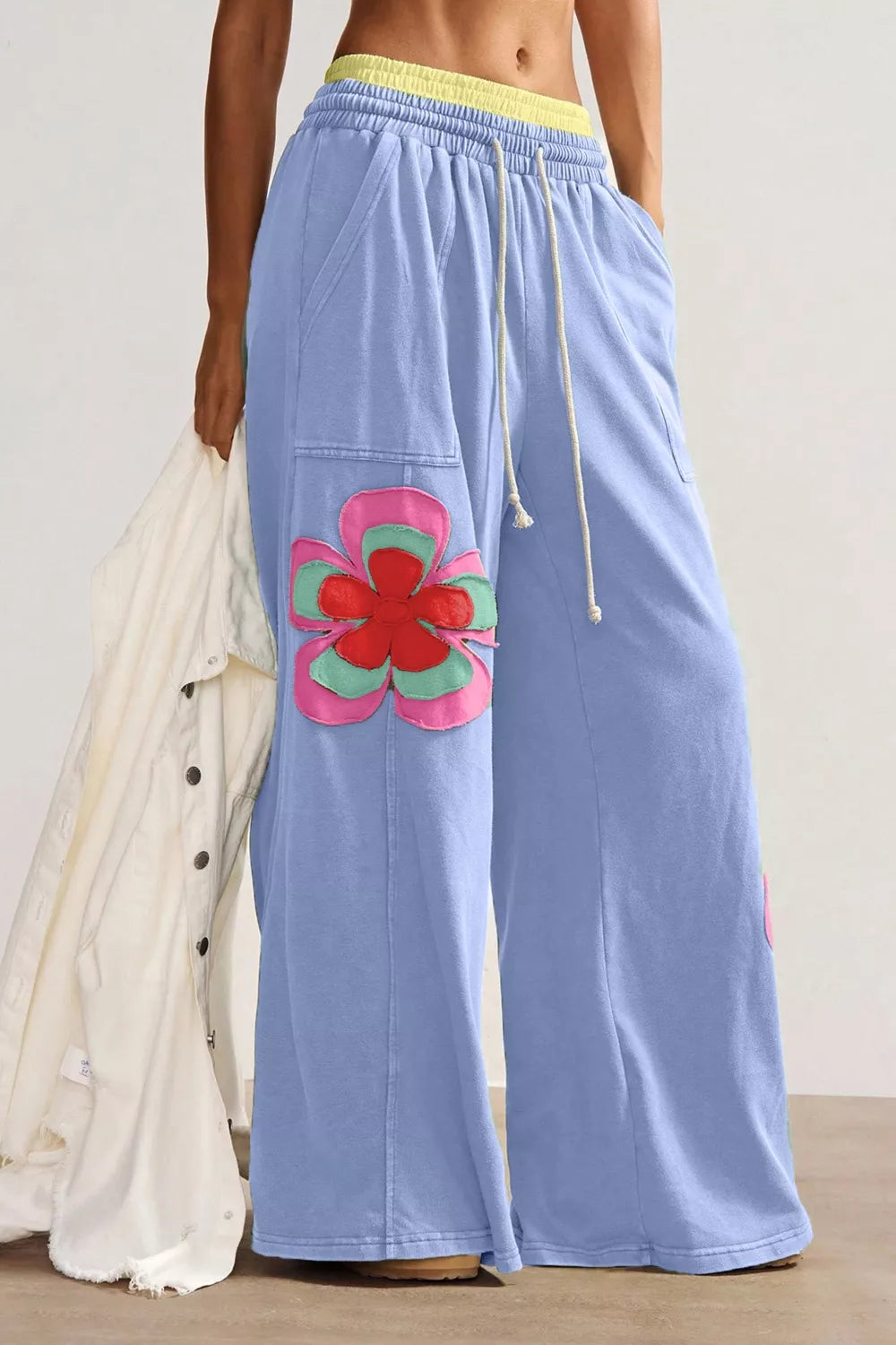 Color Block Flower Patchwork Drawstring Contrasted Elastic Waist Wide Leg Pants in Light Blue for Women