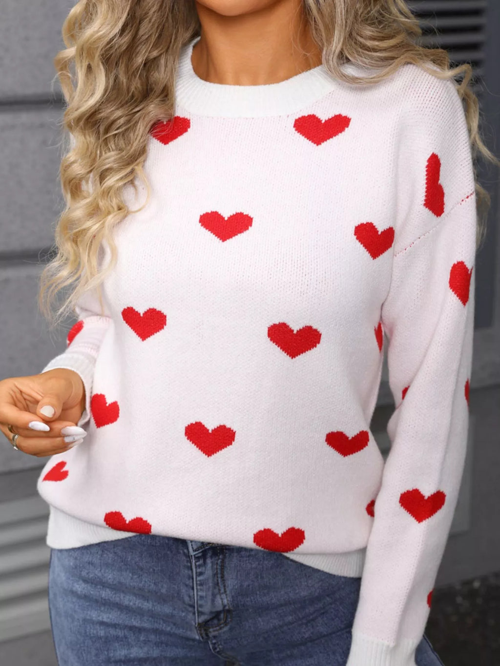 Valentines Day Heart Pattern Dropped Shoulder Sweater in White for Women