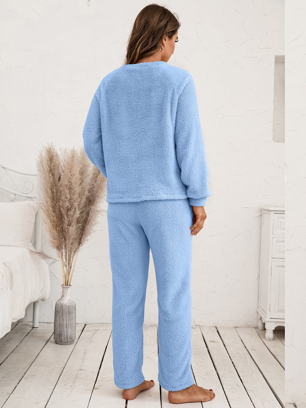 Ivy Lane Teddy Long Sleeve Top and Pants Lounge Set in Light Gray for Women