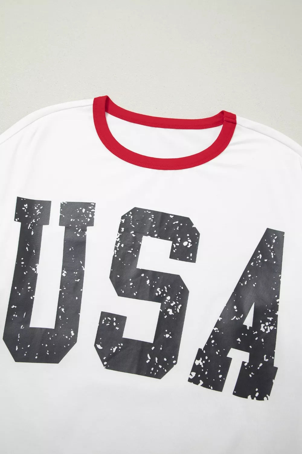 USA Letter Printed Varsity Striped Sleeve Round Neck Tee for Women