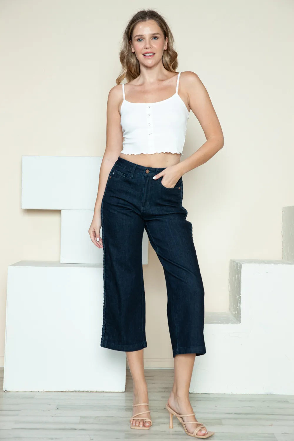 Plus Size Side Seam Braid Detail Crop Wide Leg Jeans in Dark for Women
