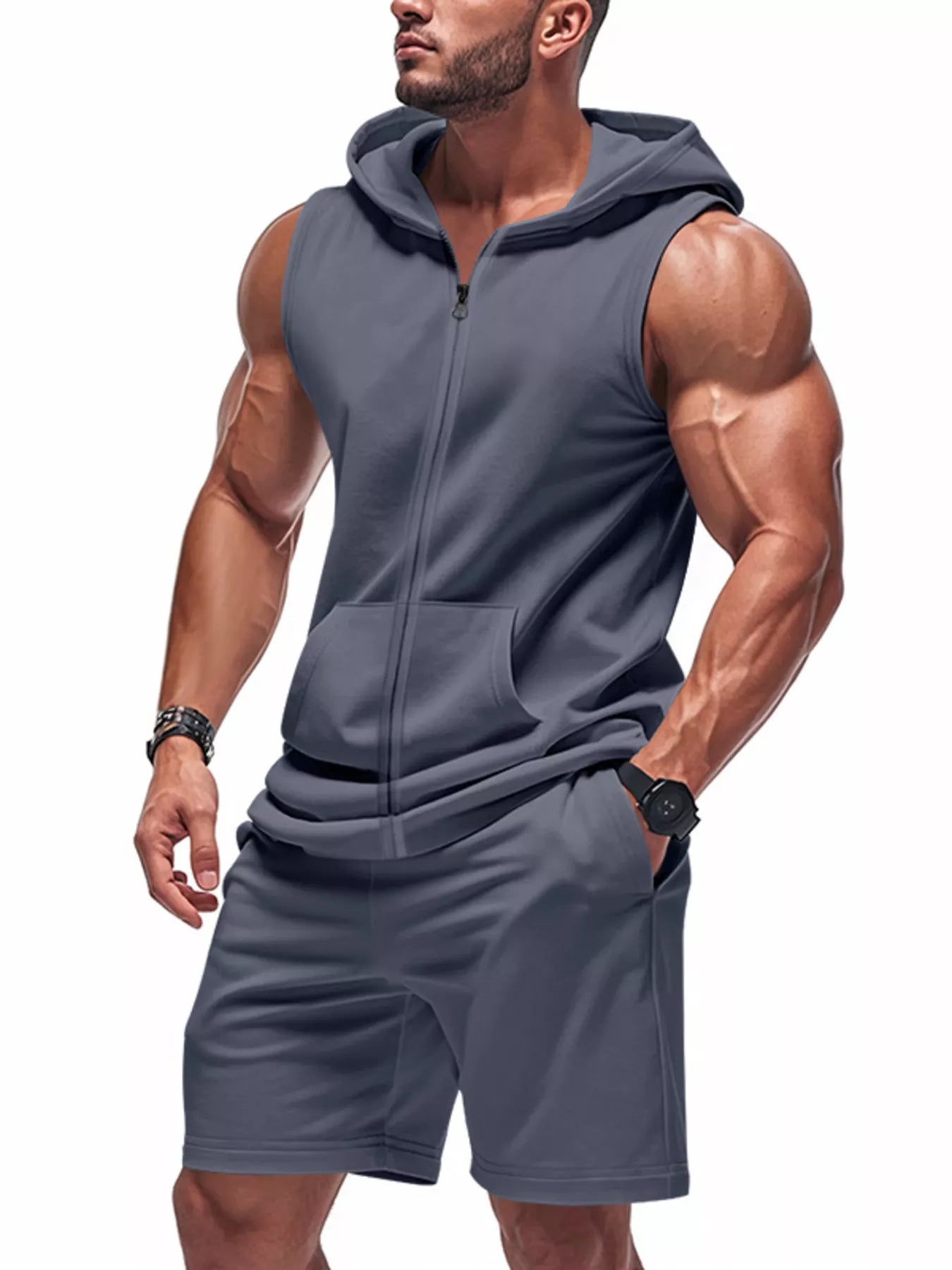 Zip Up Sleeveless Hoodie & Shorts Set Plus Size in Red for Men