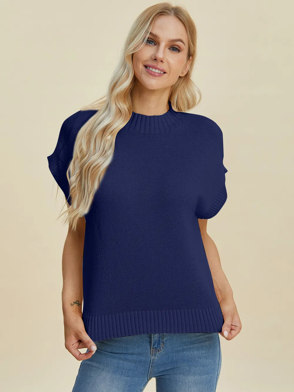 Plus Size Mock Neck Short Sleeve Sweater in Black for Women