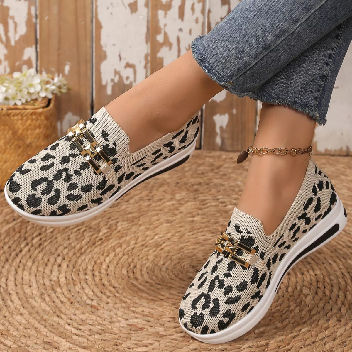 Leopard Round Toe Slip-Ons in Red Leopard Print for Women