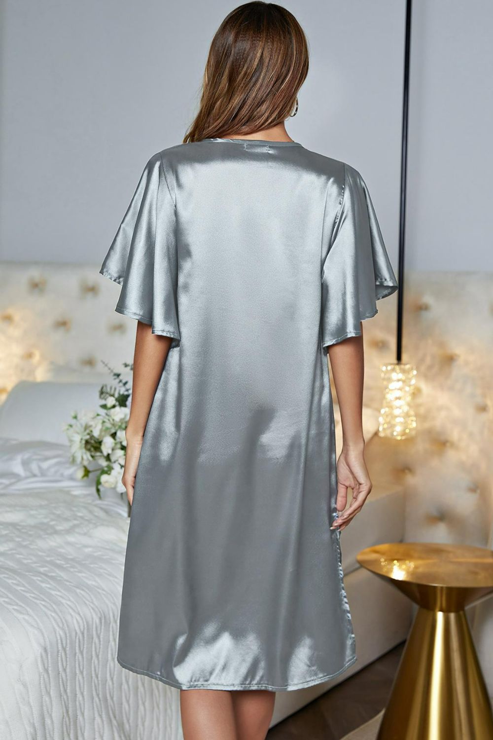 Satin Flutter Sleeve Side Slit V-Neck Night Dress for Women