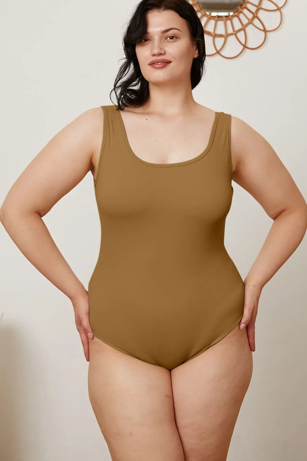 Plus Size Square Neck Sleeveless Bodysuit in Camel for Women