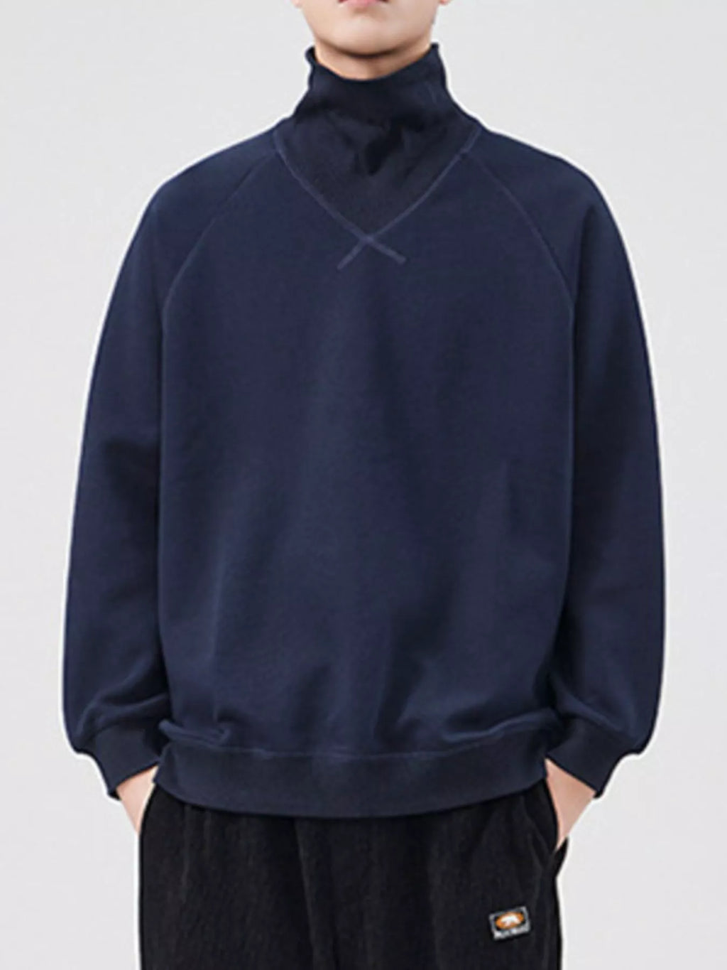 Plus Size Turtleneck Long Sleeve Sweatshirt in Deep Navy Blue for Men