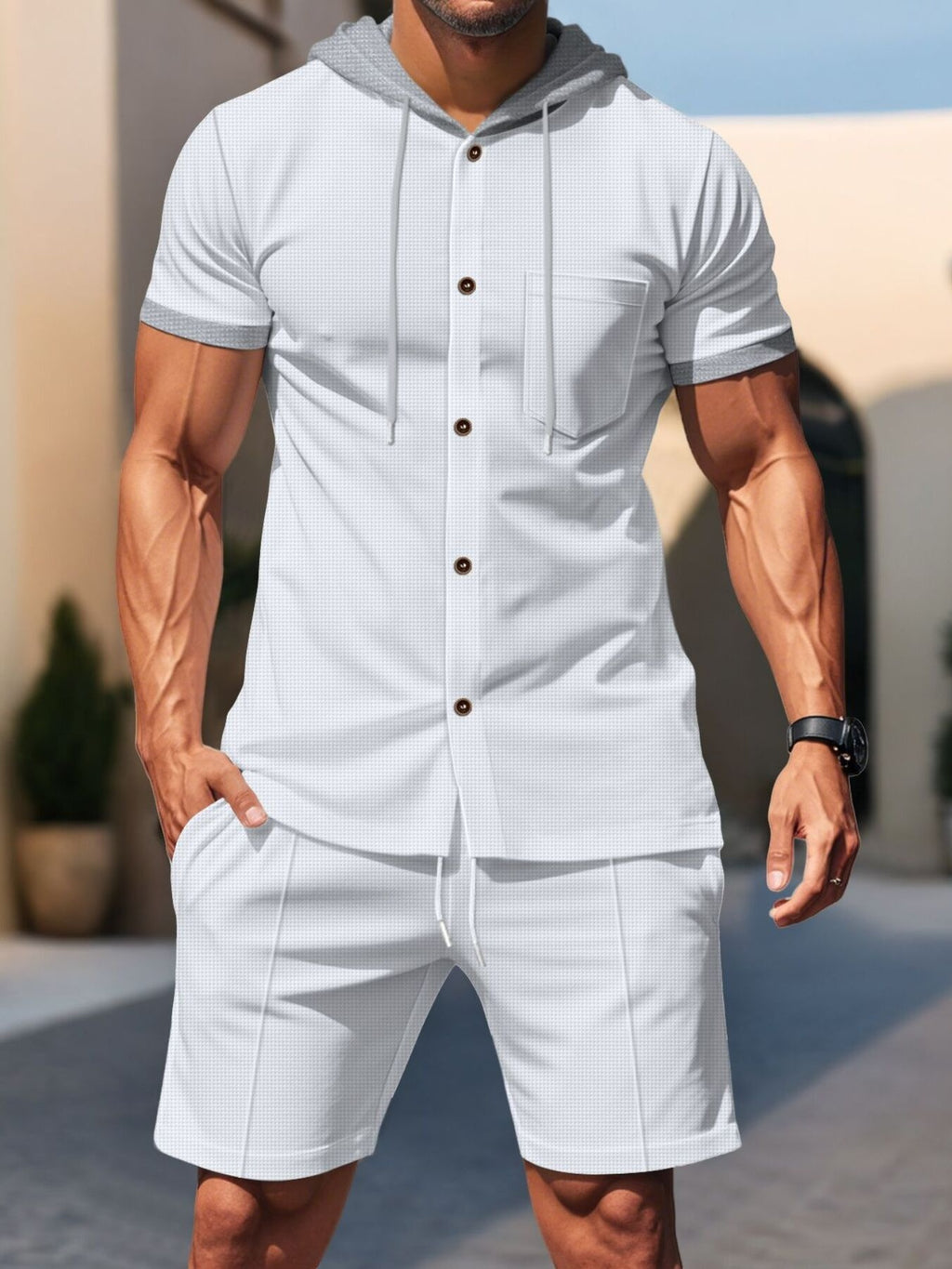 Casual Hooded Top & Shorts Set Plus Size in Grey for Men